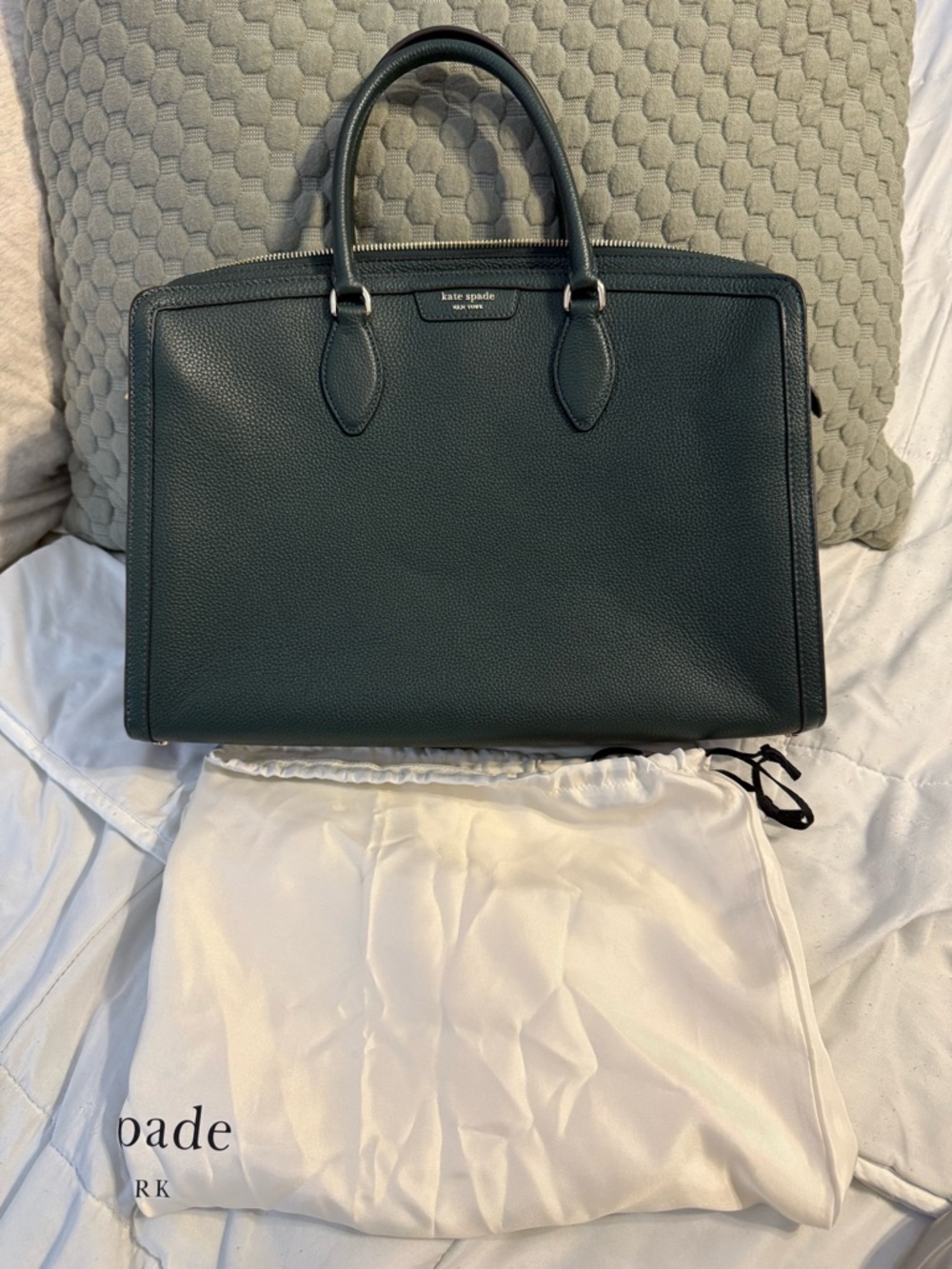 Kate Spade Forest Green Pebbled Leather Laptop Bag with Strap - Picture 2 of 4